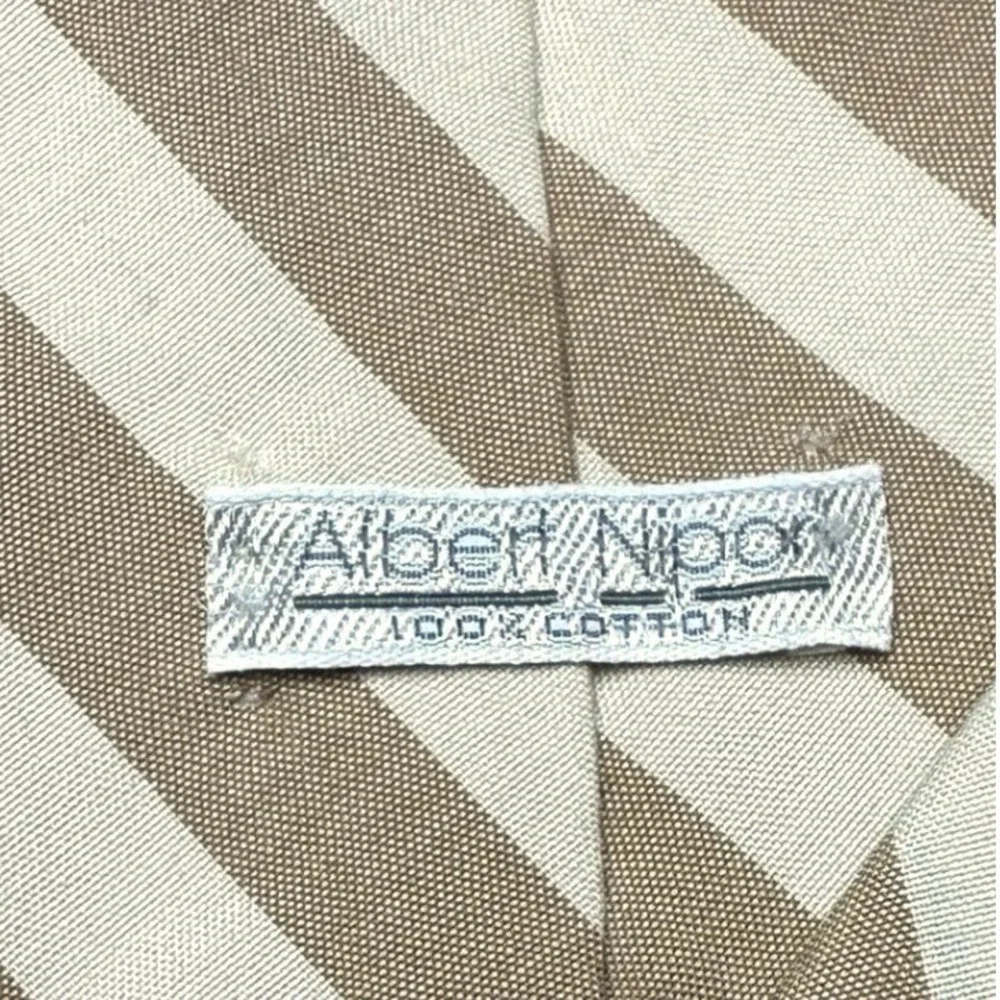 Albert Nipon Tan White Striped Cotton Necktie Hand Made Men's Tie